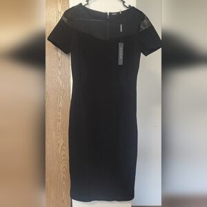 Elie Tahari Black Mesh-Yoke Short Sleeve Midi Dress